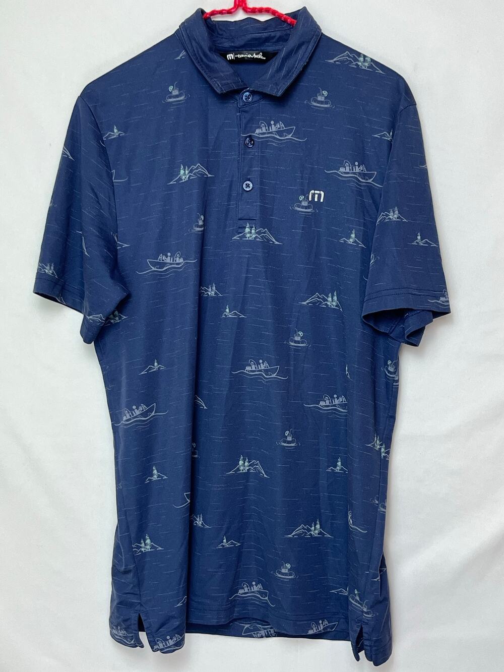 Travis Mathew Men L Blue Golf Polo Shirt Mountain Print Short Sleeve Performance